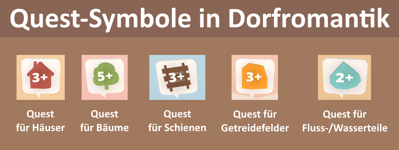 Die Übersicht zeigt alle Quest-Symbole in Dorfromantik. Die Übersicht zeigt alle Quest-Symbole in Dorfromantik.